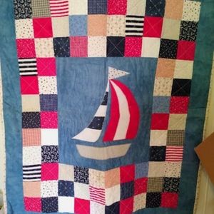 Handmade Nautical Sailboat Baby Quilt Crib Blanket Coastal Patchwork Blue Red